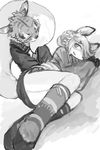  biting_tail canine duo feline female fluffy_tail fox fur greyscale legwear lying mammal monochrome redseedblue shadow smile stockings sweat tiger tighs 