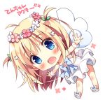  1girl :d ahoge angel_wings bangs blonde_hair blue_eyes blue_neckwear blush bow bowtie chibi dress flower full_body hair_flower hair_ornament head_wreath leaning_forward long_hair looking_at_viewer open_mouth original outstretched_arms pan_(mimi) simple_background smile solo spread_arms ten-chan_(pan_(mimi)) two_side_up white_background white_dress white_footwear wings wrist_cuffs 