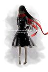  absurdres akemi_homura barefoot black_hair dress engrish faceless funeral_dress hairband highres long_hair mahou_shoujo_madoka_magica mahou_shoujo_madoka_magica_movie ranguage red_scarf scarf solo spoilers tach.s text_focus 