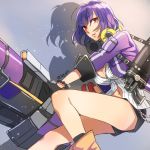  1girl breasts cleavage gloves god_eater god_eater_resonant_ops highres kisaragi_sera large_breasts looking_at_viewer multicolored_hair navel purple_hair red_eyes weapon 