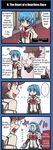  /\/\/\ 1boy 1girl 4koma :o ? android artist_request belt blue_eyes blue_hair bow brown_hair charging class_of_heroes comic empty_eyes english glint gnome_(totomono) hard_translated head_back highres human_(totomono) ken_to_mahou_to_gakuen_mono official_art open_mouth profile school_uniform shocked_eyes short_hair smile sparkle spoken_ellipsis sweat sweatdrop translated 