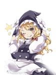  ;) blush bow grin hair_bow hat hat_bow hat_tug kirisame_marisa long_hair mayuge_inu one_eye_closed smile solo star touhou white_bow witch_hat yellow_eyes 