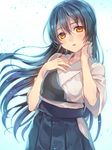  bad_id bad_twitter_id blue_hair blush brown_eyes hakama hand_on_own_chest japanese_clothes long_hair looking_at_viewer love_live! love_live!_school_idol_project muneate natsu_natsuna open_mouth solo sonoda_umi sweat 