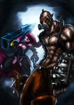  absurd_res amber_eyes anthro anthrofied belt biceps blood blue_eyes borderlands breasts buzzsaw cannon cleavage clothed clothing crossover duo equine female friendship_is_magic fur gun hair hi_res horse human krieg_(borderlands_2) male mammal mask muscles my_little_pony necklace nipples pants pecs pink_fur pink_hair pinkamena_(mlp) pinkie_pie_(mlp) pistol pony ranged_weapon rocket_launcher toned topless weapon zolombo 