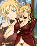  1girl blonde_hair blue_eyes bottomless breasts cleavage detached_sleeves dress elisa female large_breasts pubic_hair pussy quiz_magic_academy solo standing tsumiya_kazuki uncensored 