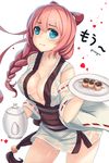  aqua_eyes braid breasts cleavage dango detached_sleeves food highres large_breasts long_hair no_bra original pink_hair ribbon-trimmed_sleeves ribbon_trim sekigan solo teapot wagashi wet wet_clothes 