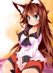  animal_ears blush breasts brown_hair cleavage dress fang green_eyes highres imaizumi_kagerou jewelry koha large_breasts long_hair long_sleeves solo tail touhou wolf_ears wolf_tail 
