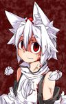 animal_ears bare_shoulders blood blood_on_face detached_sleeves hat inubashiri_momiji looking_at_viewer pom_pom_(clothes) red_eyes short_hair silver_hair smile solo susumu_tukasa tokin_hat touhou wolf_ears yandere 