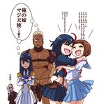  3girls :&lt; :d :| cheek-to-cheek closed_mouth crossed_arms fukuso_hilbert_kuukan gamagoori_ira hug jealous junketsu kill_la_kill kiryuuin_satsuki mankanshoku_mako matoi_ryuuko midriff multiple_boys multiple_girls navel nudist_beach_uniform open_mouth school_uniform senketsu serafuku skirt smile soroi_mitsuzou star translated yuri 