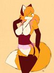  anthro big_breasts black_nose bottomless breasts canine chest_tuft clothed clothing female fluffy_tail fox fur gloves green_eyes hair legwear long_hair looking_at_viewer mammal orange_fur orange_hair skimpy smile solo starfighter stockings translucent tuft 