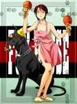  1girl apron blush breasts brown_eyes brown_hair dog earrings full_body housewife indoors jewelry looking_back milf naked_apron ring short_hair slippers standing tankuro_(funhouse) wedding_band 