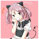  alternate_costume darkside enmaided grin hair_bobbles hair_ornament kantai_collection looking_at_viewer maid maid_headdress pink_eyes pink_hair sazanami_(kantai_collection) smile solo tail twintails upper_body 