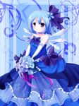  alternate_costume bare_shoulders blue_background blue_eyes blue_flower blue_hair blue_rose border bouquet bow choker cirno dress elbow_gloves flower gloves hair_bow hair_ornament layered_skirt light_smile looking_at_viewer rose short_hair solo star starry_background strapless strapless_dress takojiru touhou wedding_dress wings 