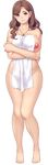  1girl barefoot breasts hamashima_shigeo large_breasts milf mole naked_towel nipples nude orcsoft otonari_no_kokujin_otto_ni_dakarete_nakimodaeru_saiai_no_tsuma shinozaki_miwako simple_background smile solo towel white_background 