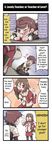  1girl 4koma ;d ;o afterimage ahoge artist_request belt blood blue_eyes blush brown_eyes brown_hair character_request choker class_of_heroes clenched_teeth collarbone comic english finger_wagging glasses hand_on_hip hard_translated heart highres human_(totomono) index_finger_raised indoors jewelry ken_to_mahou_to_gakuen_mono looking_at_viewer motion_lines necklace nosebleed official_art on_floor one_eye_closed opaque_glasses open_mouth parted_lips pencil_skirt pendant sitting skirt smile teeth translated trembling wince 