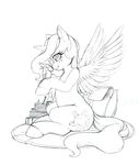  black_and_white blush book boop cake cherry cup cutie_mark duo equine eyes_closed female feral food fork friendship_is_magic hair horn horse longinius mammal monochrome my_little_pony philomena_(mlp) philomina_(mlp) phoenix pillow pony princess_celestia_(mlp) rug sitting steam tea winged_unicorn wings 