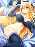  animal_ears blonde_hair blue_bra blue_eyes blue_legwear blush bottomless bow bra breasts cleavage elbow_gloves fox_ears fox_tail futaba_aoi gloves large_breasts long_hair looking_at_viewer lying naomi_(sekai_no_hate_no_kissaten) no_panties on_back open_mouth original sketch solo tail underwear very_long_hair 