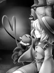  arm_support bangs eyes_visible_through_hair frills greyscale hat komeiji_koishi long_sleeves looking_away monochrome monopollyan short_hair sitting skirt skirt_set smile solo stone_wall third_eye touhou wall wide_sleeves 