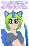  alpha_channel clothing cosplay curtsibling english_text female glare green_hair hair horn human looking_at_viewer mammal my_little_pony not_furry pegaslut plain_background solo text transparent_background weapon wings 