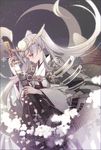  crescent_moon headdress katana lavender_hair long_hair midou_(midooooooooh) moon pink_eyes puzzle_&amp;_dragons sideways_glance solo sword twintails very_long_hair weapon yomi_(p&amp;d) 