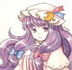  bow capelet crescent hair_bow hat long_hair patchouli_knowledge purple_eyes purple_hair socha solo star touhou 
