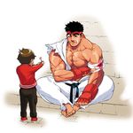  bandages barefoot black_hair blood brown_hair bruise child eyebrows fingerless_gloves flower gloves headband indian_style injury light_smile mabataki male_focus multiple_boys muscle one_eye_closed ryuu_(street_fighter) sitting street_fighter thick_eyebrows torn_clothes 