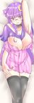  adapted_costume areola_slip areolae arm_up armpits bangs bespectacled breasts cleavage_cutout crescent dress glasses highres huge_breasts lipstick long_hair looking_at_viewer lying makeup on_back parted_lips patchouli_knowledge purple_dress purple_eyes purple_hair reizou semi-rimless_eyewear shawl solo thighhighs touhou zettai_ryouiki 