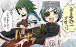  :d anchor_symbol black_hair brown_eyes cape cosplay diving_mask diving_mask_on_head dressing eyepatch eyepatch_removed gloves green_eyes green_hair hand_on_hip hat hat_removed headwear_removed kantai_collection kiso_(kantai_collection) kiso_(kantai_collection)_(cosplay) maru-yu_(kantai_collection) multiple_girls neckerchief one-piece_swimsuit one_eye_closed open_mouth pose remodel_(kantai_collection) scar school_swimsuit school_uniform serafuku short_hair smile suzuka_(rekkyo) sweat swimsuit translated v-shaped_eyebrows white_school_swimsuit white_swimsuit wristband 