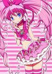  blue_eyes bow braid brooch choker cure_melody earrings frills hair_ribbon houjou_hibiki jewelry long_hair magical_girl midriff navel pink pink_background pink_bow pink_choker pink_hair pink_legwear pink_skirt precure ribbon shirono skirt smile solo suite_precure thighhighs twintails wrist_cuffs zettai_ryouiki 