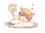  animal_ears blonde_hair blush cat_ears cat_tail child child_gilgamesh fangs fate/hollow_ataraxia fate/stay_night fate_(series) full_body gilgamesh heart hood hoodie male_focus open_mouth paw_print red_eyes smile solo tail tyatora55 younger 