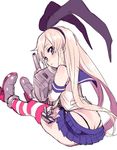  amezawa_koma ass bare_shoulders black_panties blonde_hair blue_eyes bow butt_crack elbow_gloves gloves hair_bow hairband highleg highleg_panties kantai_collection long_hair looking_back miniskirt panties pleated_skirt rensouhou-chan shimakaze_(kantai_collection) simple_background sitting sketch skirt solo striped striped_legwear thighhighs thong underwear white_background white_gloves 