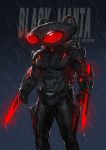  1boy abs absurdres artist_name belt black_manta bodysuit cable character_name dc_comics devil_lo gloves glowing glowing_eyes helmet highres male_focus rain red_eyes solo sword weapon 