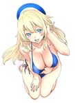  adjusting_hair atago_(kantai_collection) barefoot bikini blonde_hair blue_bikini blue_eyes breasts check_translation cleavage commentary full_body hand_on_thigh hand_to_head hanging_breasts hat kantai_collection large_breasts long_hair looking_at_viewer nishieda open_mouth side-tie_bikini simple_background smile solo swimsuit translation_request white_background 