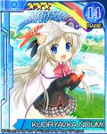  blonde_hair blue_eyes bow cape card_(medium) carp character_name fang hat kodomo_no_hi koinobori little_busters! long_hair noumi_kudryavka paper_hat paper_kabuto pink_bow remotaro school_uniform solo windsock 