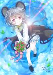  animal_ears bloomers blue_sky bouquet capelet cloud dress flower flying gem grey_dress grey_hair iris_anemone jewelry leaf lens_flare long_sleeves looking_at_viewer mouse_ears mouse_tail nazrin necklace pendant pink_eyes sky smile solo sunlight tail touhou underwear 