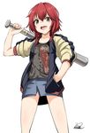  bat hand_in_pocket idolmaster idolmaster_cinderella_girls jacket koi letterman_jacket looking_at_viewer murakami_tomoe nohito open_clothes open_jacket open_mouth red_hair short_hair signature solo white_background 