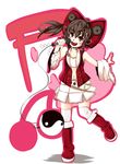  adapted_costume bare_shoulders boots bow brown_eyes brown_hair detached_sleeves hair_bow hair_tubes hakurei_reimu highres inaho_(inaho777) microphone navel solo speaker touhou white_legwear yin_yang 