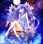  barefoot blue_eyes blue_hair cu-rim dress flower full_moon hair_flower hair_ornament iris_(flower) legs long_hair million_arthur_(series) moon night official_art sailor_collar sitting sky smile soaking_feet solo star_(sky) starry_sky water 