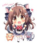  &gt;_&lt; 1girl :3 =_= ahoge animal_ears apron bangs black_footwear black_ribbon blush bow bowtie brown_hair cat cat_ears cat_hair_ornament chibi creature full_body hair_bow hair_ornament hair_ribbon kemonomimi_mode kokoa-chan_(pan_(mimi)) long_hair looking_at_viewer maid maid_headdress nyan original over-kneehighs pan_(mimi) paw_pose pink_bow red_neckwear ribbon simple_background solo thighhighs white_background white_legwear wrist_cuffs 