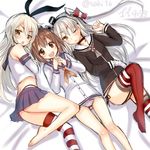  amatsukaze_(kantai_collection) bangs barefoot black_panties blush brown_eyes brown_hair dress elbow_gloves feet garter_straps gloves hands_clasped highleg highleg_panties kantai_collection long_hair looking_at_viewer lying multiple_girls on_back on_side one_eye_closed open_mouth own_hands_together panties pantyshot pantyshot_(lying) red_legwear sailor_dress saki_chisuzu school_uniform serafuku shimakaze_(kantai_collection) short_dress short_hair silver_hair single_thighhigh sketch striped striped_legwear thighhighs thong two_side_up underwear white_panties yukikaze_(kantai_collection) 