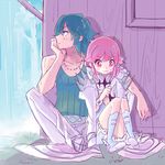  1girl :3 arm_around_shoulder bad_id bad_pixiv_id blush borrowed_garments green_hair head_rest jacket_on_shoulders jakuzure_nonon kill_la_kill knees_up looking_away no_hat no_headwear on_ground pink_hair profile rain rikovui sanageyama_uzu sitting wet 