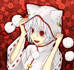  :d alternate_costume animal_ears animal_hood blush bone cloak floral_background hakuro109 happy hood hooded_cloak inubashiri_momiji long_sleeves looking_at_viewer no_hat no_headwear open_mouth pom_pom_(clothes) red_eyes short_eyebrows short_hair silver_hair smile solo touhou white_hair wide_sleeves wolf_ears 