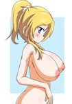  1girl areolae ayase_eli blue_eyes breasts female highres huge_breasts love_live!_school_idol_project naruse_mai nasubitei nipples nude ponytail profile short_ponytail simple_background solo standing upper_body 