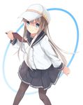  bad_id bad_pixiv_id black_legwear blue_eyes hachita_(odangoya) hammer_and_sickle hat hibiki_(kantai_collection) highres kantai_collection long_hair long_sleeves looking_at_viewer pantyhose pleated_skirt school_uniform serafuku silver_hair skirt solo verniy_(kantai_collection) 