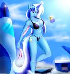  absurd_res anthro anthrofied bikini blue_eyes blue_hair blue_theme blumagpie breasts can cleavage clothed clothing cloud colgate_(mlp) coolbox cutie_mark equine eyeshadow female friendship_is_magic glowing hair hi_res horn levitation long_hair long_tail magic makeup mammal my_little_pony navel outside sky soda solo sparkles standing surfboard swimsuit towel unicorn water wet white_hair 
