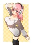  bad_id bad_pixiv_id black_legwear blush breasts cleavage headphones ichi/mine large_breasts long_hair looking_at_viewer nitroplus no_pants pink_eyes pink_hair smile solo super_sonico sweater thighhighs zettai_ryouiki 