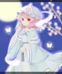  bad_id bad_pixiv_id bug butterfly dress ellipsis_(mitei) frilled_dress frills hat highres insect light_particles mob_cap pink_hair red_eyes saigyouji_yuyuko short_hair smile touhou triangular_headpiece wide_sleeves 