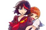  arm_hug black_hair brown_hair kill_la_kill mankanshoku_mako matoi_ryuuko multicolored_hair multiple_girls pokira school_uniform senketsu serafuku short_hair smile streaked_hair white_background 