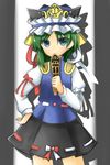  bad_id bad_pixiv_id blouse blue_eyes dress ellipsis_(mitei) green_hair hand_on_hip hat highres ribbon rod_of_remorse shiki_eiki short_hair smile touhou 