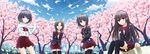  black_hair blue_eyes bow brown_eyes brown_hair cherry_blossoms green_eyes long_hair original oshou petals purple_eyes seifuku short_hair skirt thighhighs zettai_ryouiki 